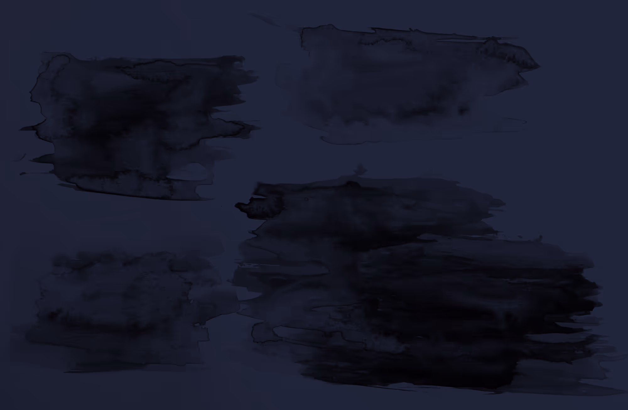 Dark navy blue background with four irregular, abstract black watercolor paint smudges.